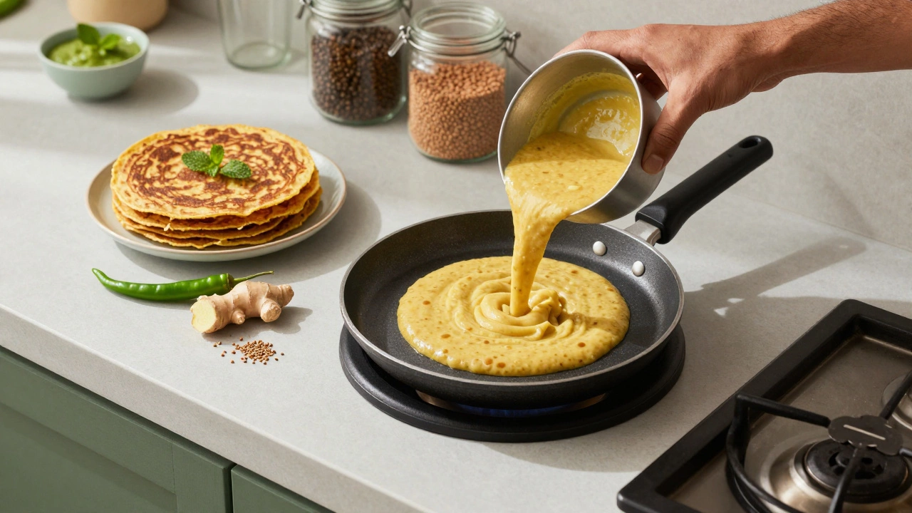 Moong dal chilla batter being poured onto a griddle with fresh spices and finished chillas on a plate.