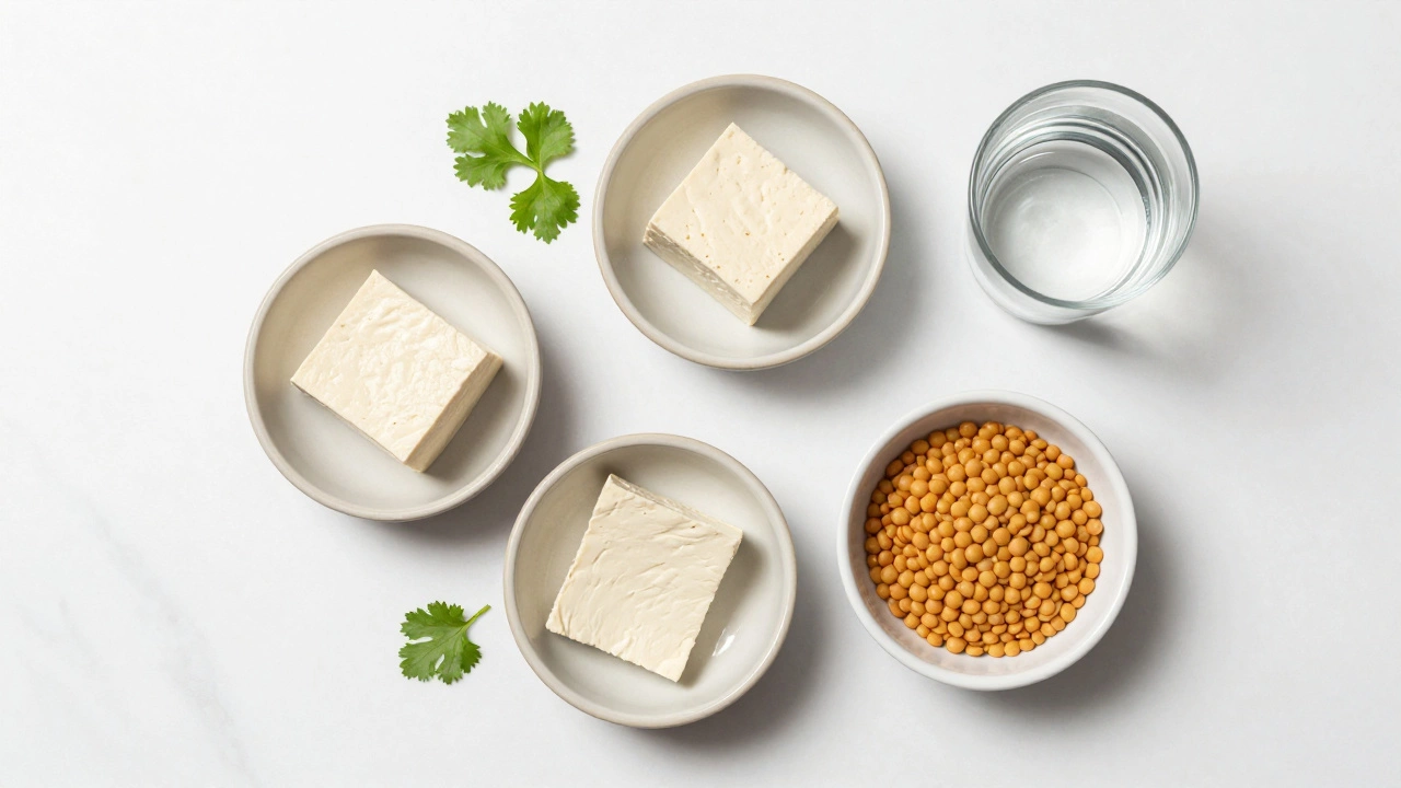 Neat arrangement of small protein portions including legumes, tofu, and cheese.