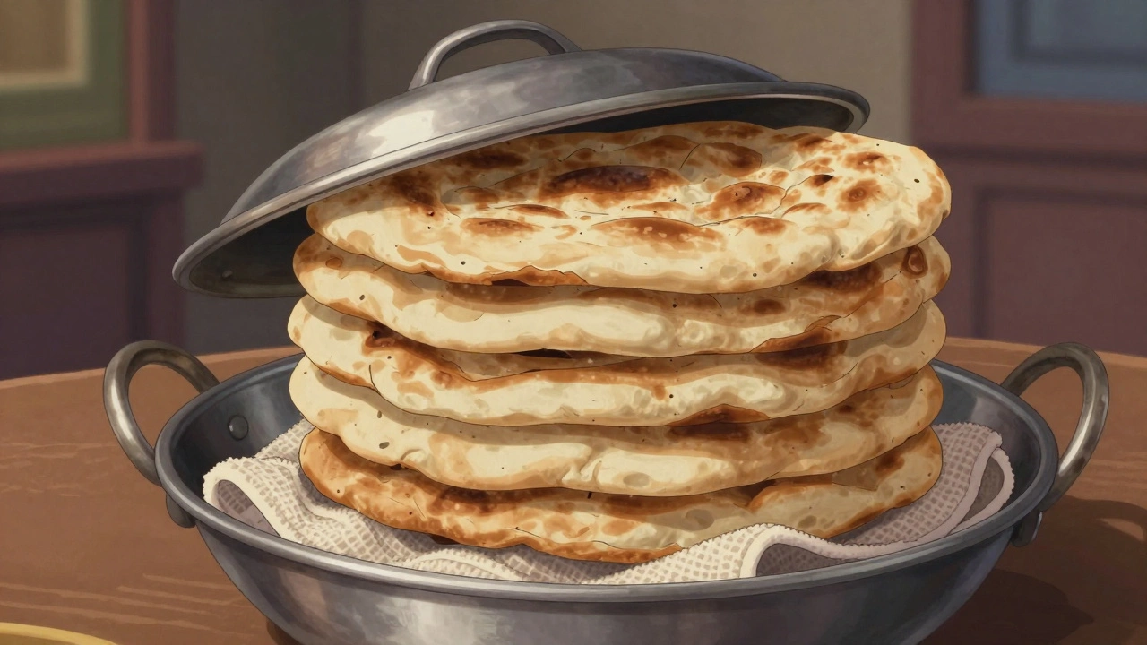 Stack of rotis stored in a steel pot with a cloth between layers and lid slightly open.