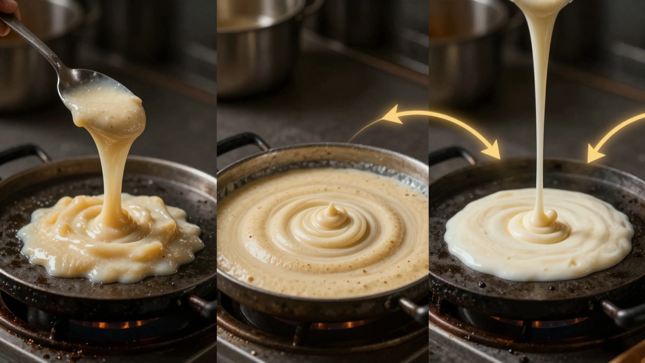 Three stages of dosa batter: too thick, unfermented, and perfect—showing texture contrast in natural light.