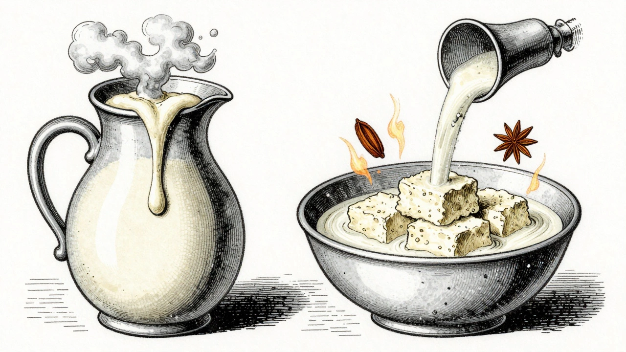Two milk transformations shown side by side: curd producing mucus versus paneer being pressed with warming spices.