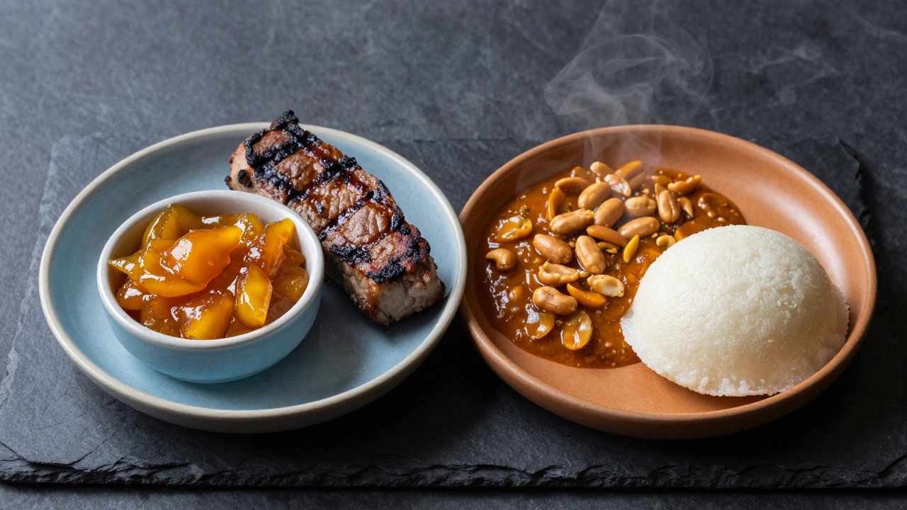 A comparison of cold mango chutney and warm peanut chutney served with idli on a dark slate platter.