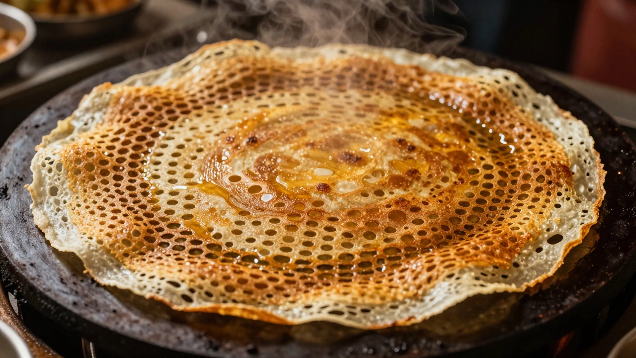 A crispy golden-brown dosa with a honeycomb texture cooking on a hot iron griddle.