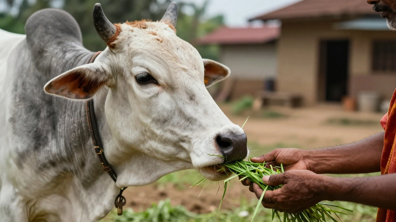 A local resident gently feeding a sacred cow in the Braj region