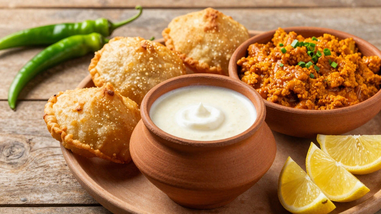 A traditional platter of Vrindavan street food featuring Lassi and Kachori