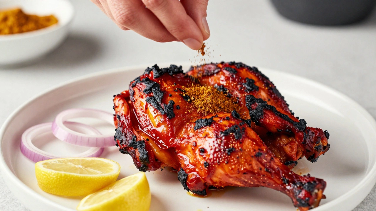 Charred tandoori chicken being finished with a sprinkle of aromatic garam masala