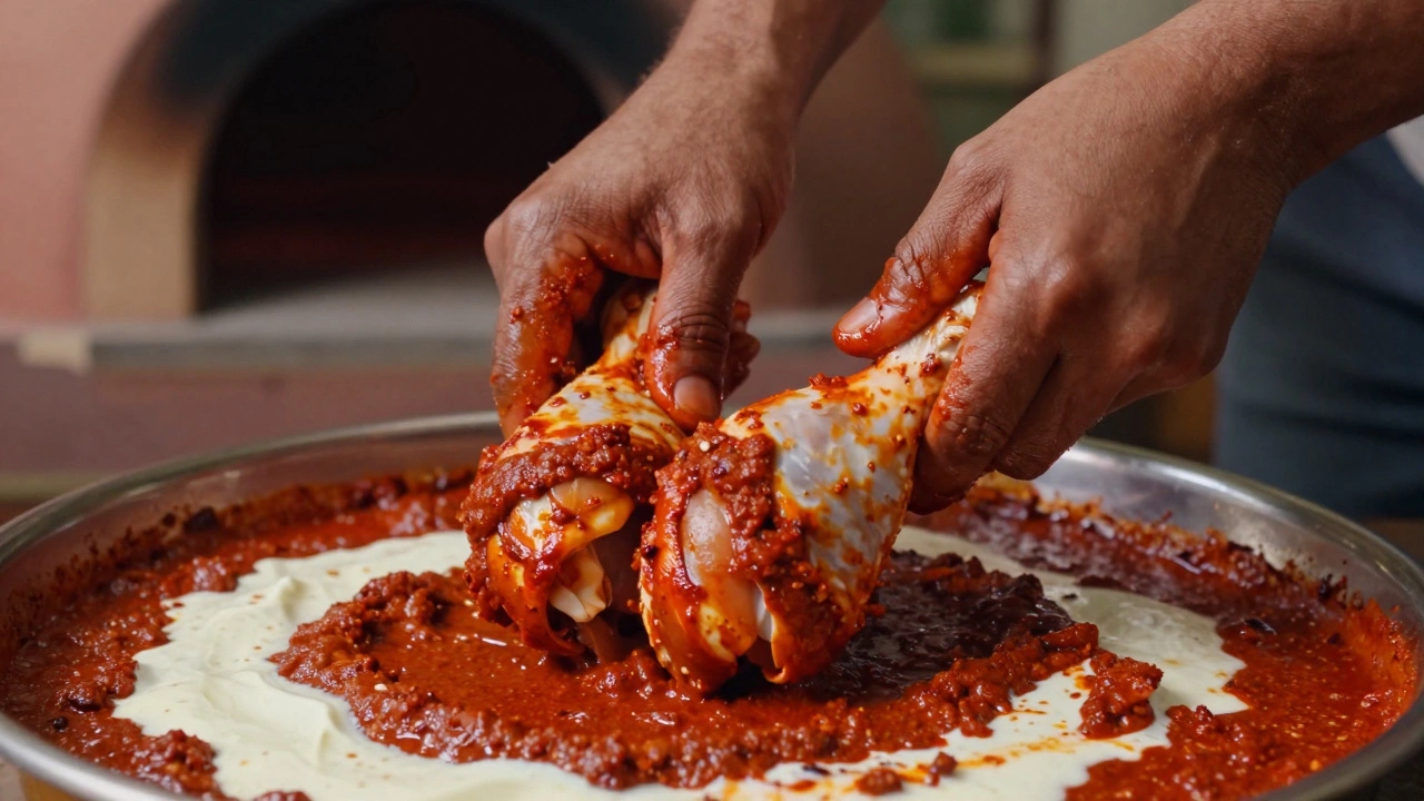 Hands rubbing a vibrant red yogurt and tandoori masala marinade into raw chicken drumsticks