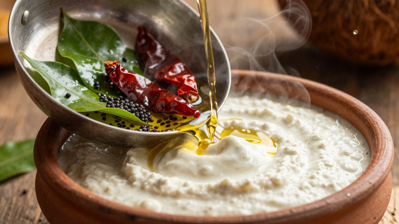 Sizzling mustard seeds and curry leaves being poured as tadka over creamy white coconut chutney.
