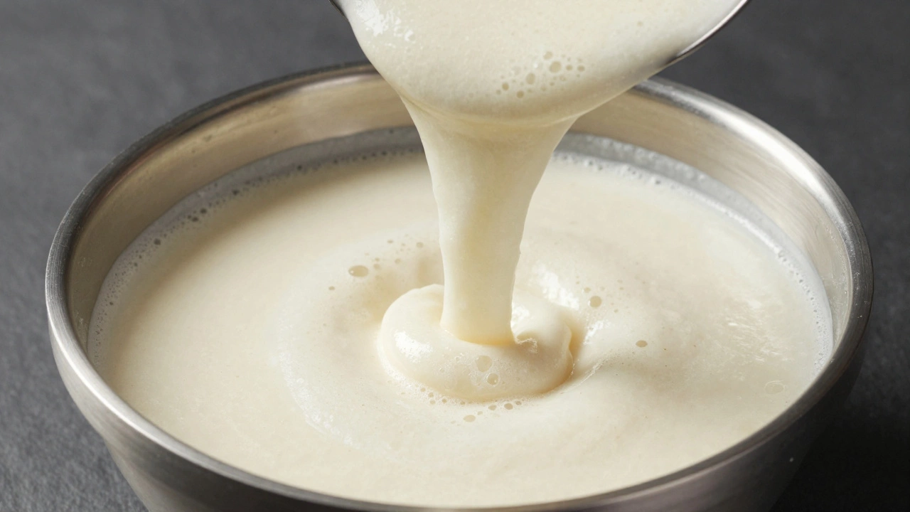 Thick, creamy fermented dosa batter pouring in a smooth ribbon from a bowl.