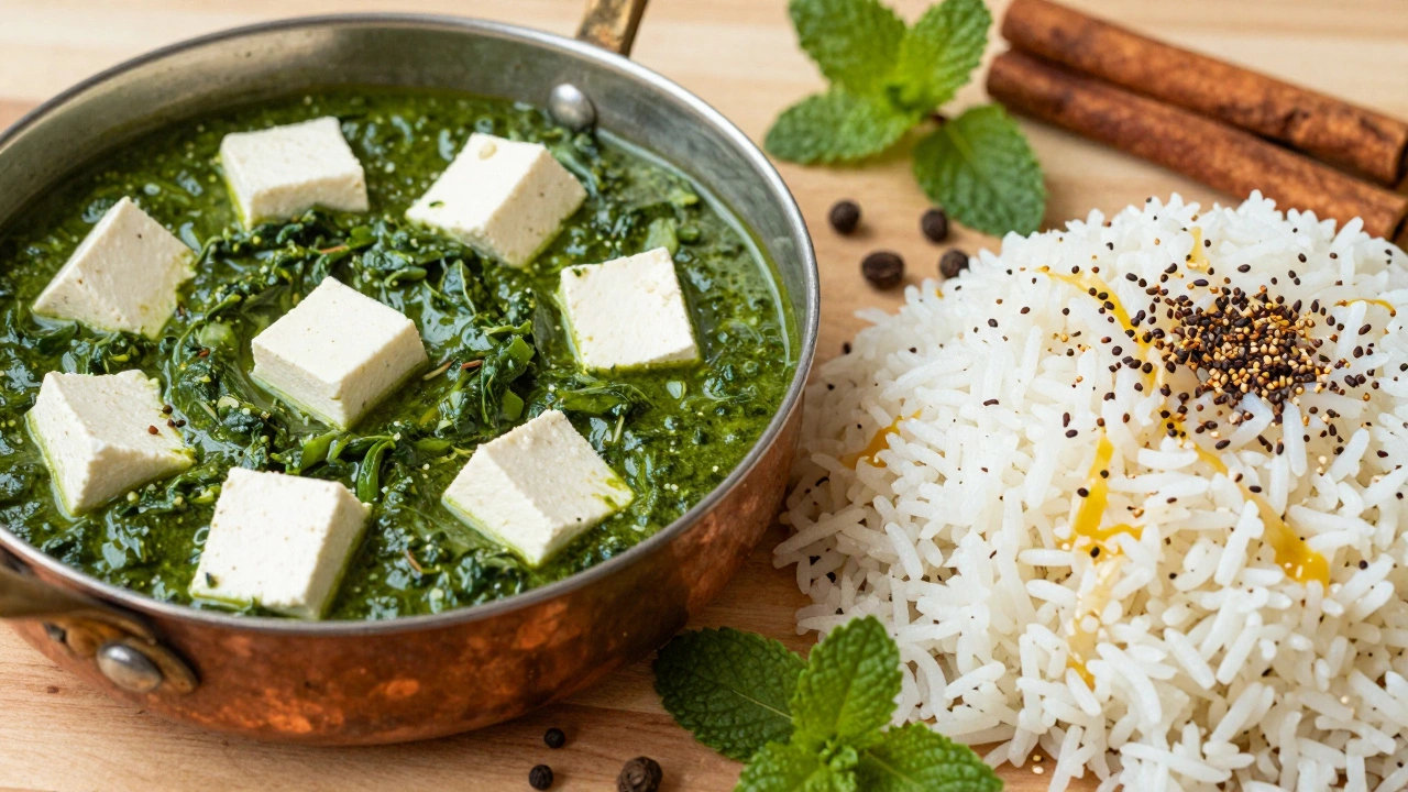 Close up of palak paneer curry and jeera rice with fresh spices