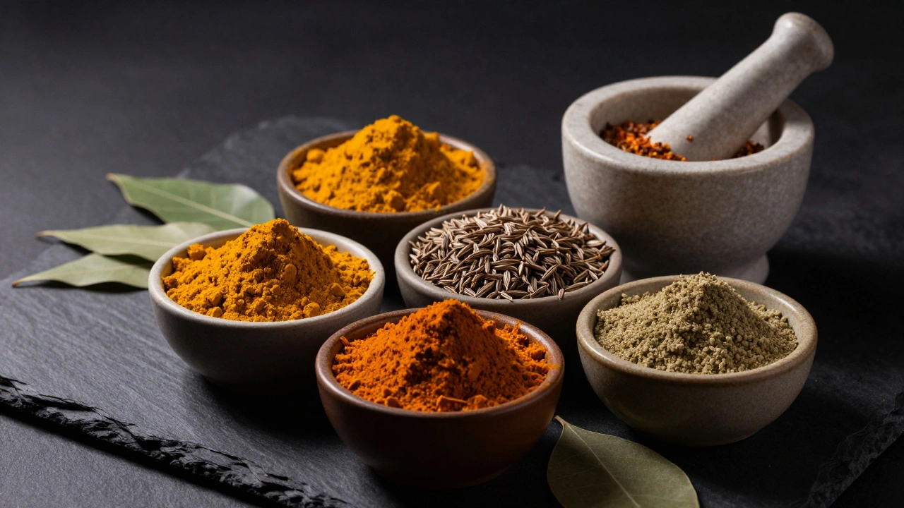 Colorful Indian spices like turmeric and cumin in bowls