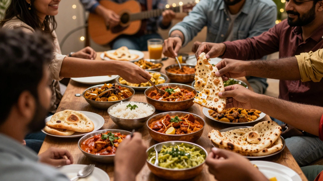 Communal dining scene with guests serving themselves Indian food