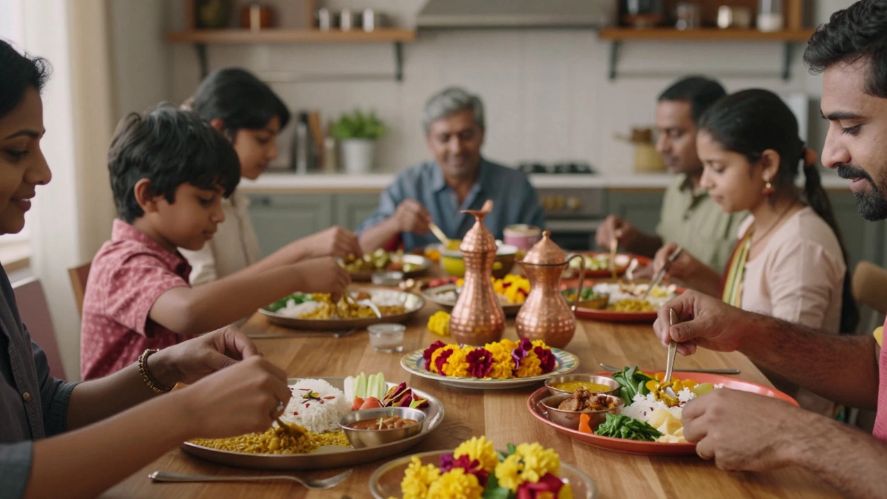 Family sharing a traditional Indian thali meal at a dining table