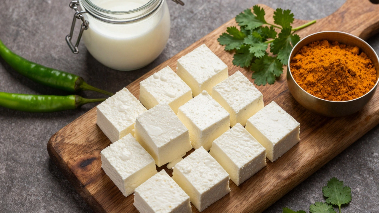 Fresh paneer cubes with spices and whey on a wooden board