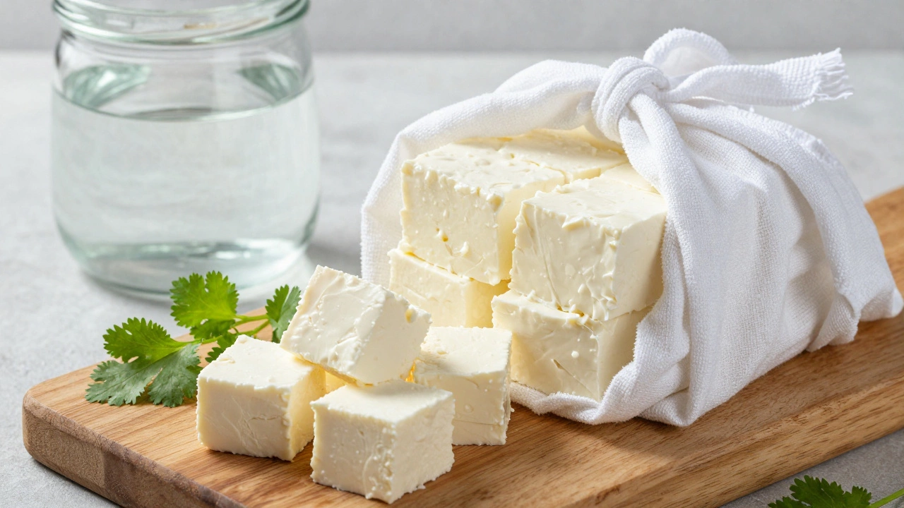 Fresh paneer curds wrapped in cloth and pressed with a weight