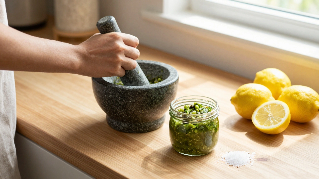 Hands preparing homemade green chutney in a stone mortar