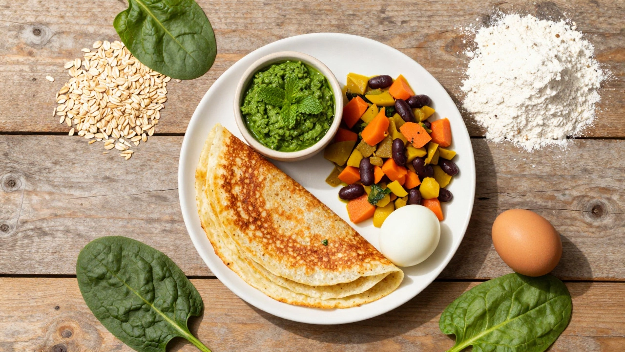 Healthy breakfast plate with ragi dosa, mint chutney, sambar, and boiled egg.