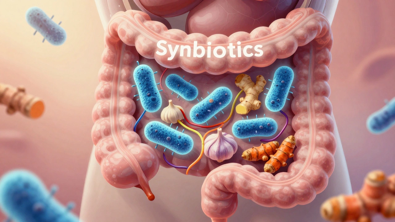 Illustration of probiotics and prebiotics healing the gut lining