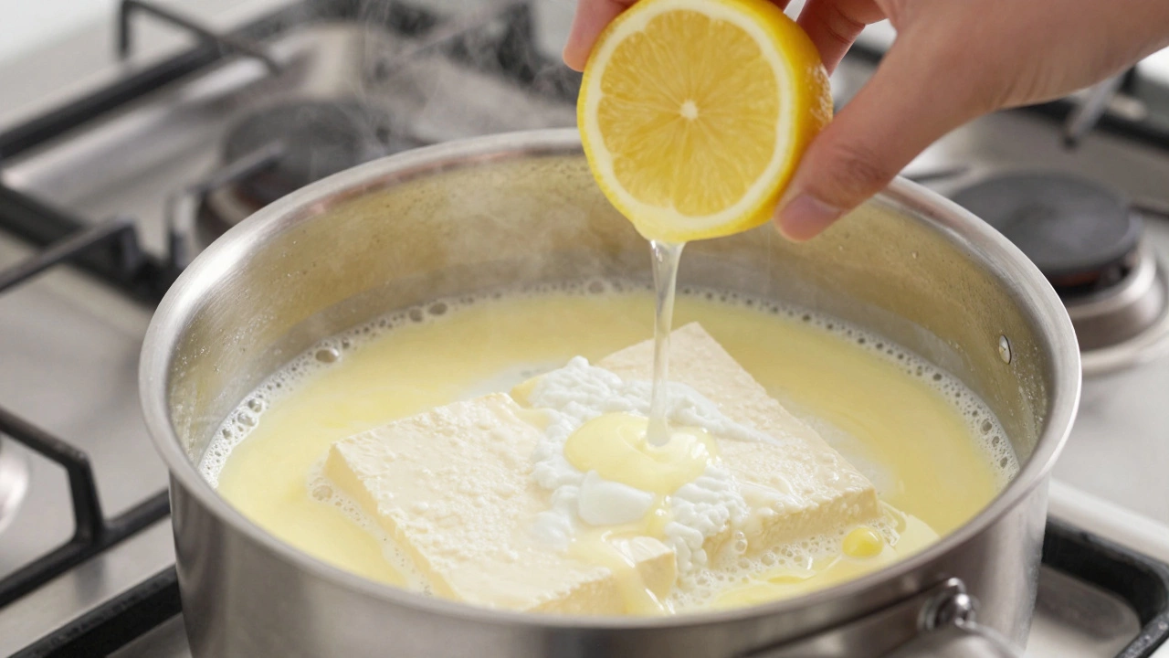 Lemon juice being poured into boiling milk to form paneer curds