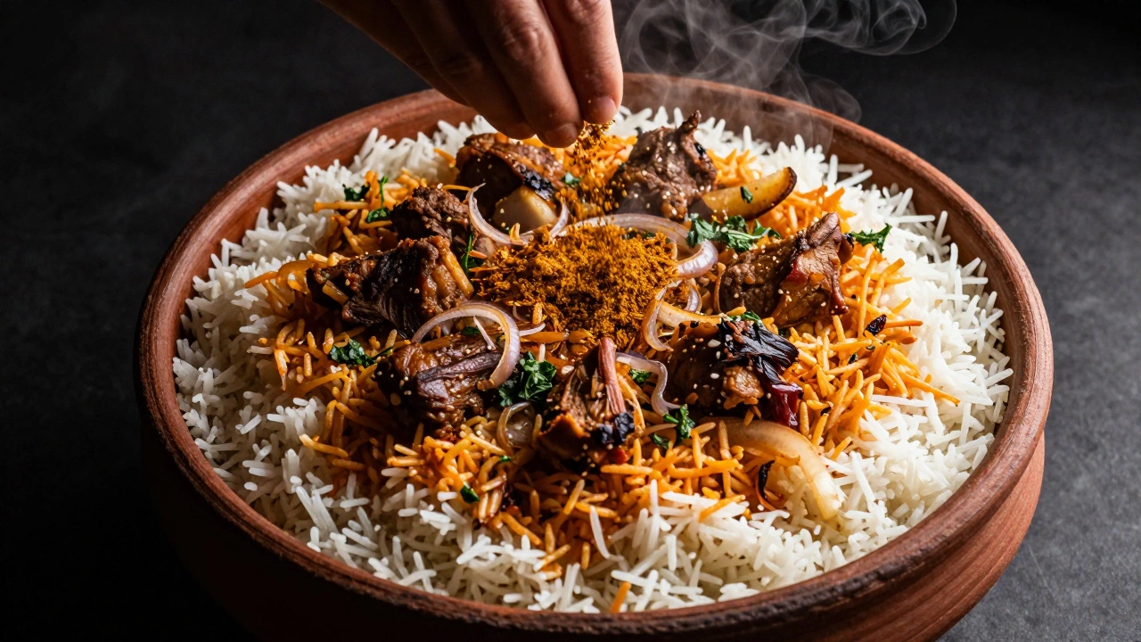 Overhead view of layered biryani rice and meat in a clay pot with spices being added