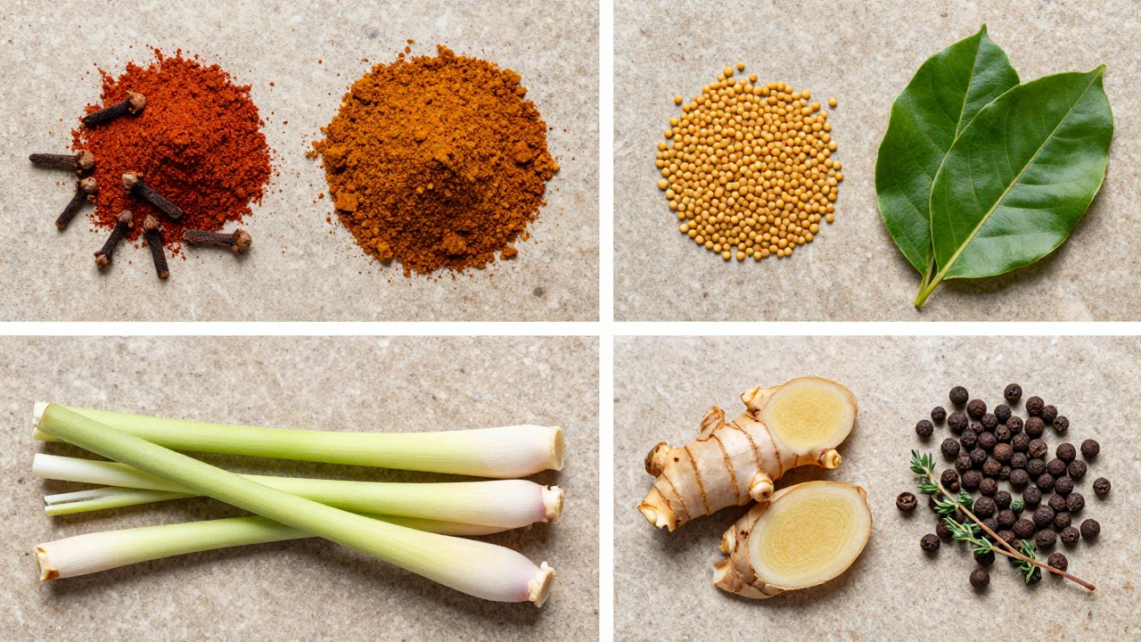 Overhead view of regional curry spices and herbs arranged