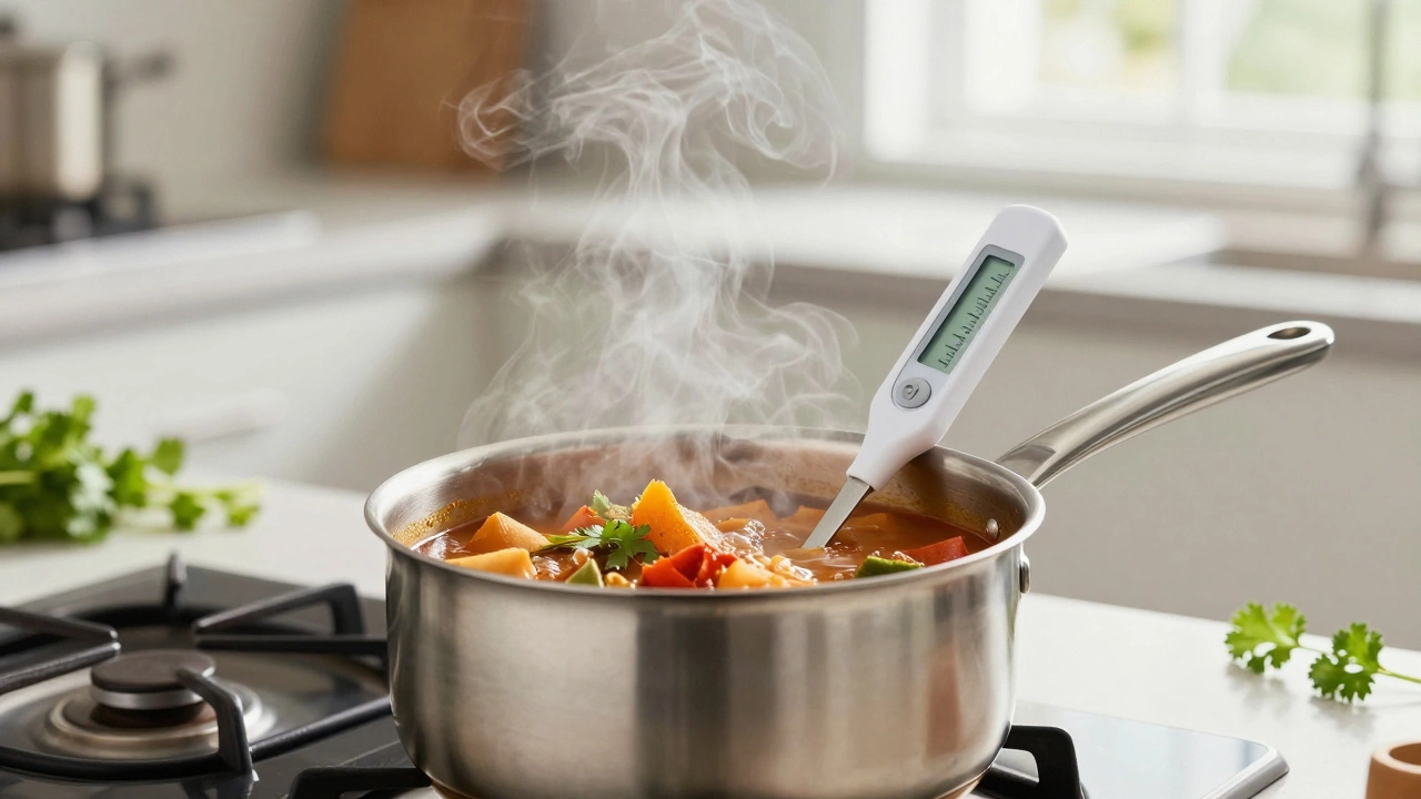 Reheating Indian stew in a pan with a food thermometer checking heat
