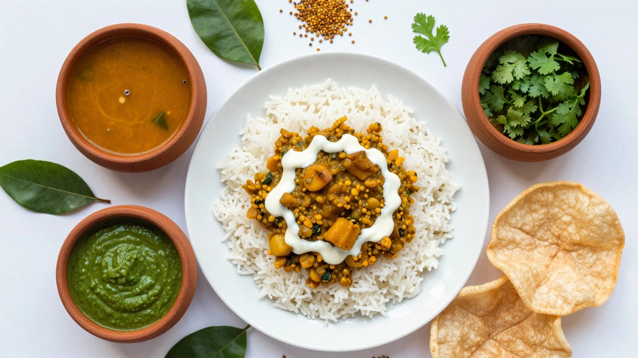 South Indian lunch plate with rice, sambar, rasam, and chutneys