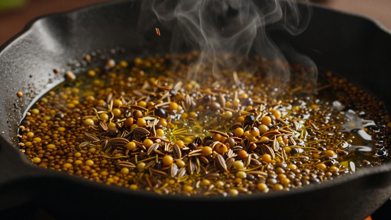Spices sizzling and steaming in hot oil in a skillet