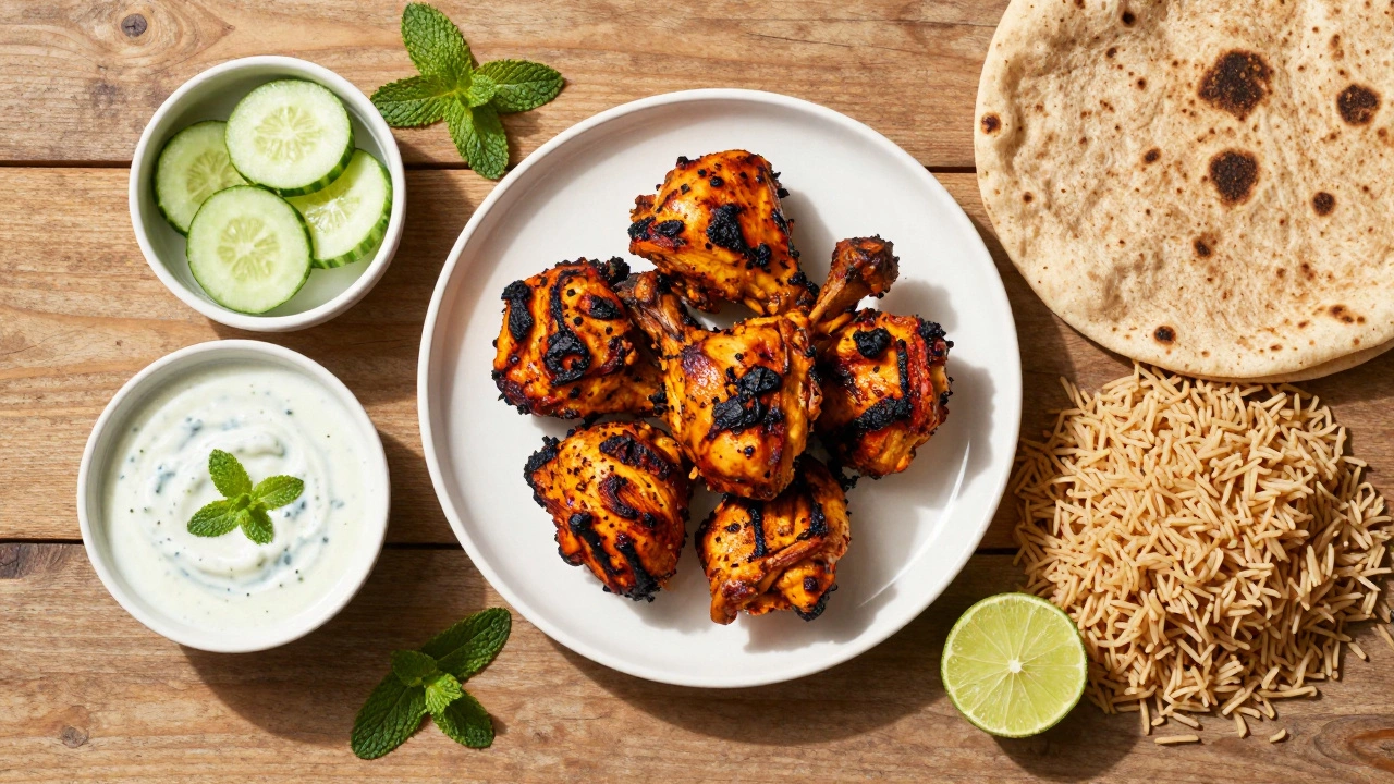 Tandoori chicken, roti, and raita on a wooden table