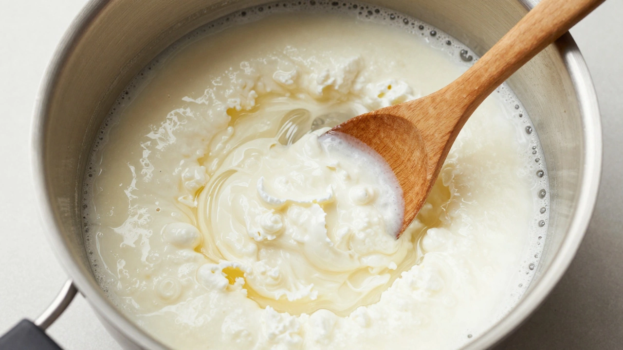 White paneer curds separating from yellow whey in a cooking pot