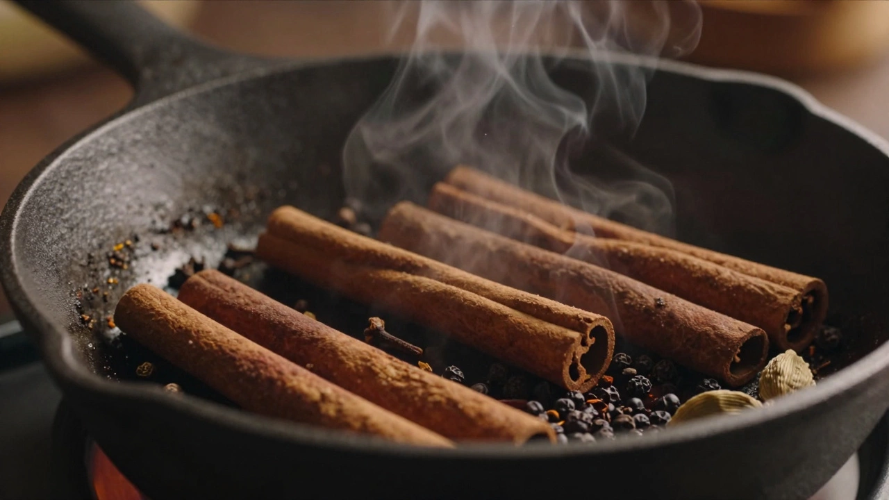 Whole spices like cinnamon and cardamom roasting in a cast-iron skillet with steam