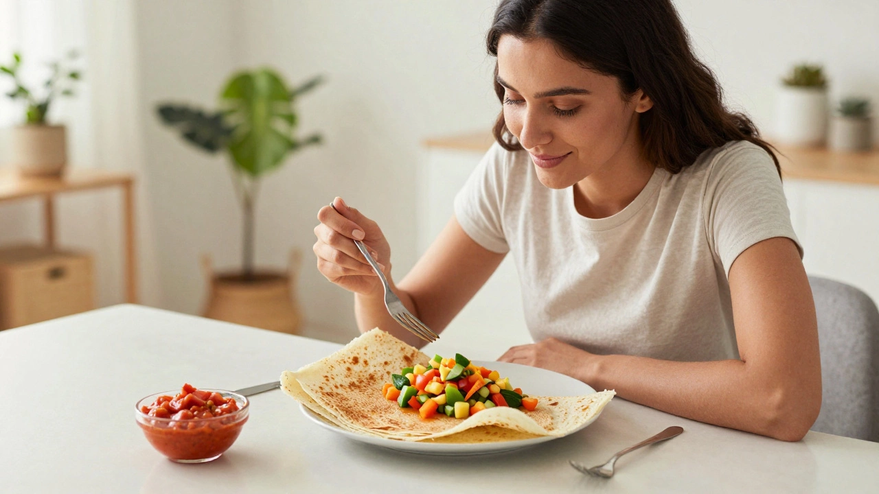Woman enjoying a nutritious vegetable oats dosa for breakfast at a sunny table.