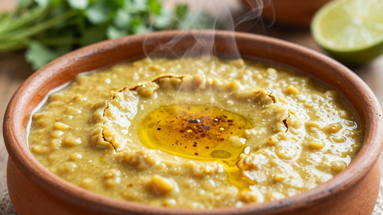 Bowl of creamy dal tadka with spiced oil on top