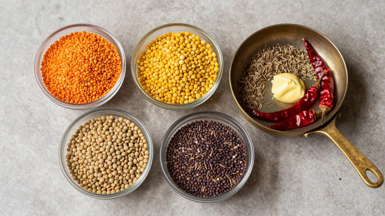 Bowls of different raw lentils and spices for tadka