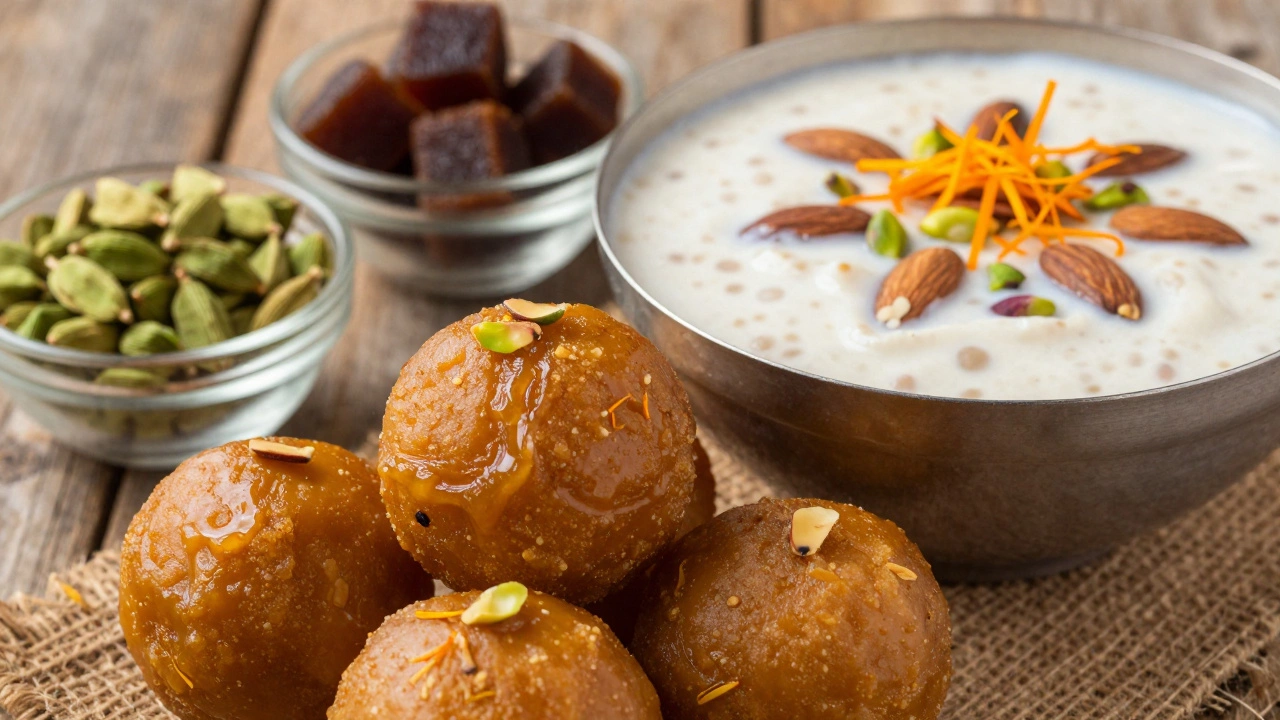 Close-up of traditional Indian sweets including Laddu and Kheer with nuts and spices