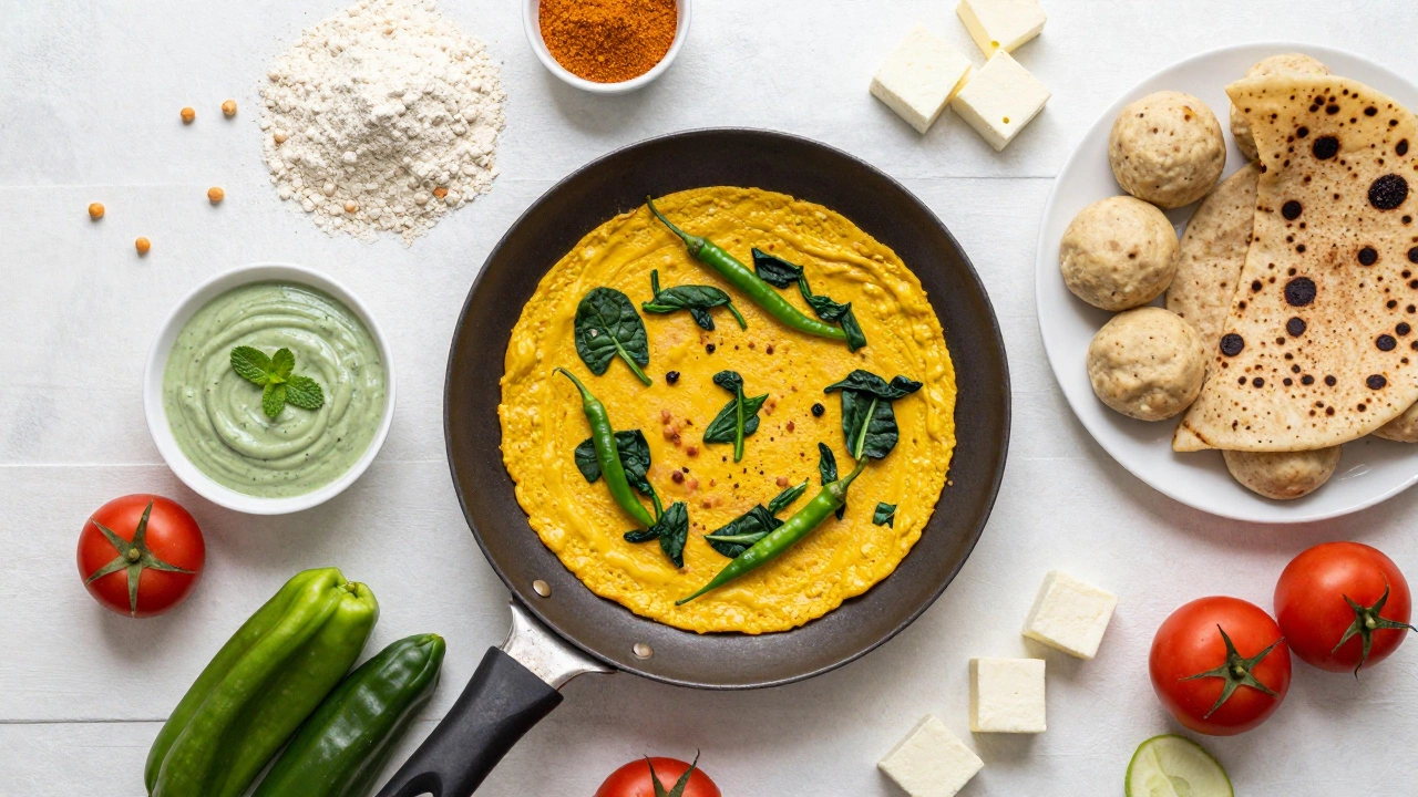 Cooking besan cheela on a tawa with fresh ingredients nearby