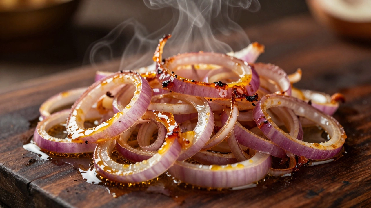 Deep-fried crispy onions turning amber brown in ghee for biryani flavor