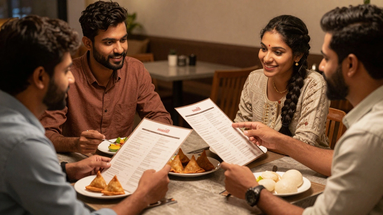 Friends sharing Indian snacks like samosas and idli at a table