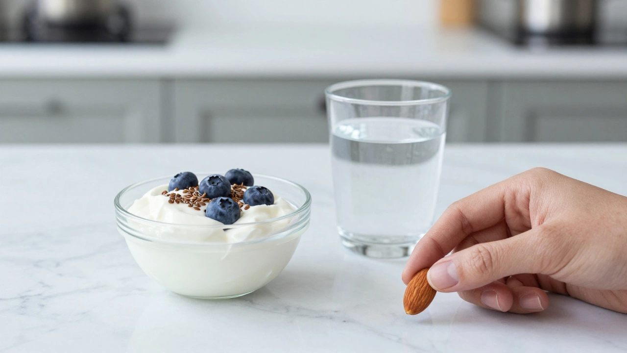 Greek yogurt with flaxseeds and a glass of water for healthy snacking