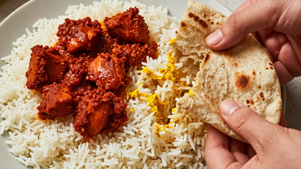 Hand mixing rice and roti with curry using fingers