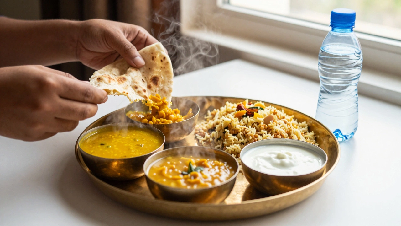 Healthy Indian thali with dal, rice, yogurt, and sealed water bottle