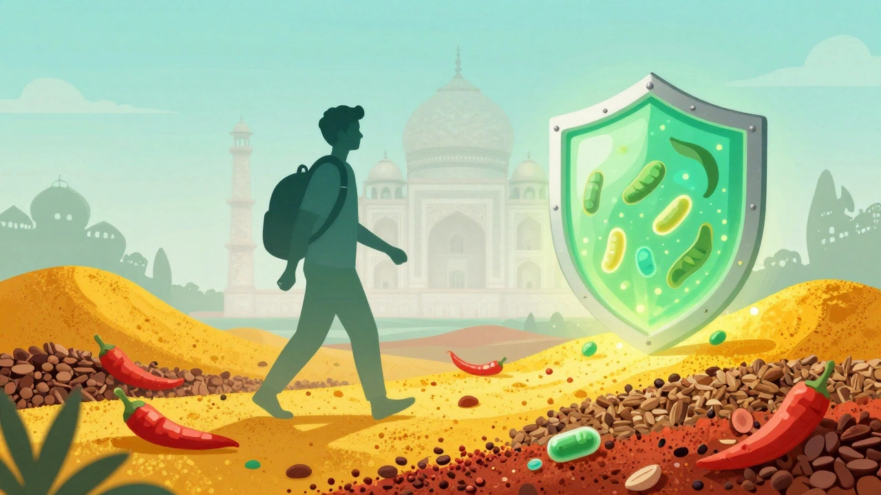 Illustration of spices and probiotics strengthening traveler immunity