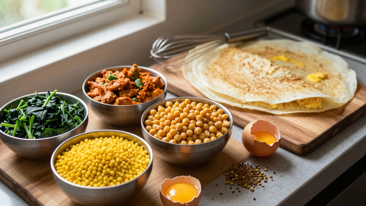 Indian cooking ingredients showing lentils versus eggs and batter