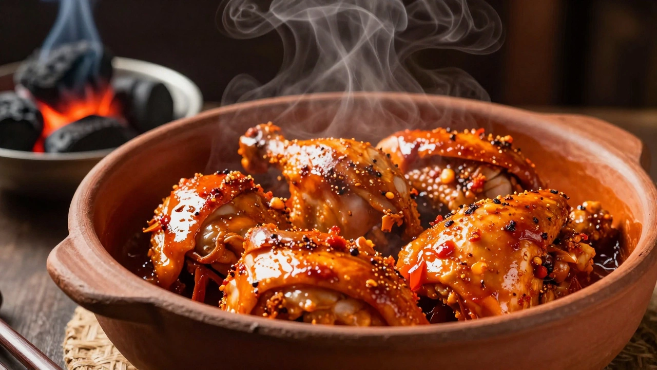 Marinated chicken with glowing charcoal for smoky dhungar flavoring
