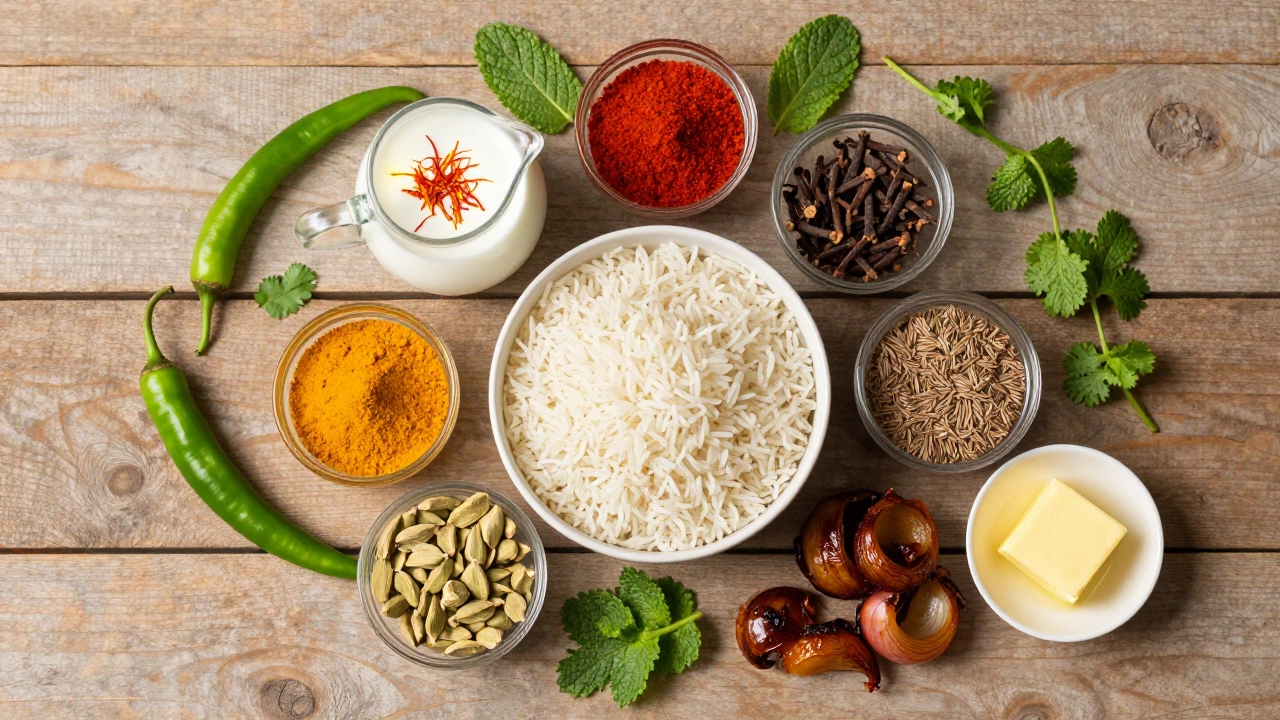 Overhead view of biryani ingredients including Basmati rice, spices, saffron milk, and fresh herbs on a wooden table.