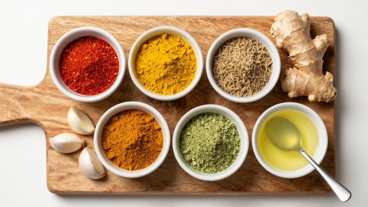 Overhead view of colorful spice powders and lemon juice for DIY marinade