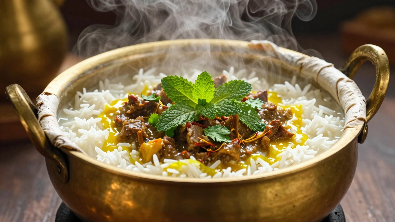 Sealed brass pot steaming with layered biryani, herbs, and saffron inside