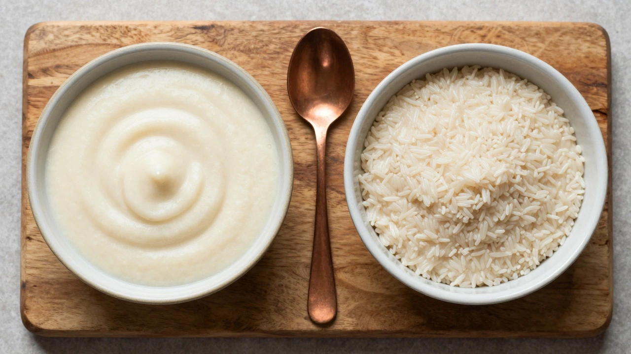 Bowl of smooth urad dal paste next to coarse rice batter on wood