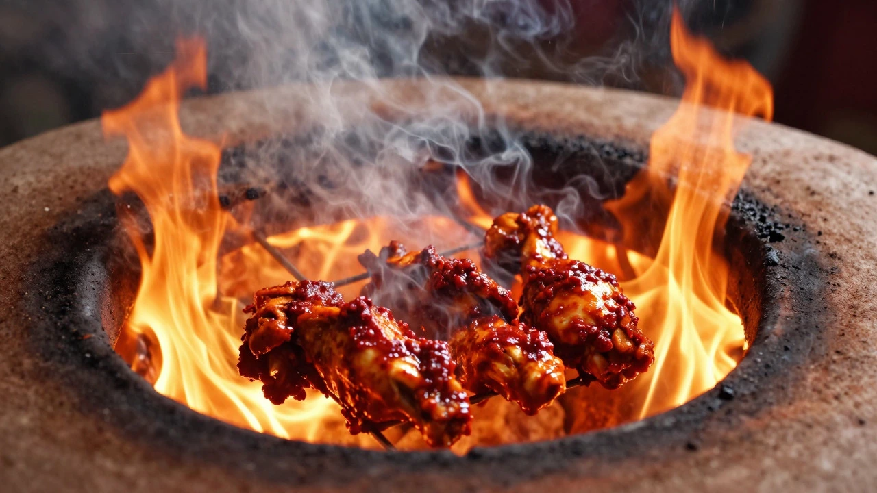 Chicken cooking in a smoking clay tandoor oven