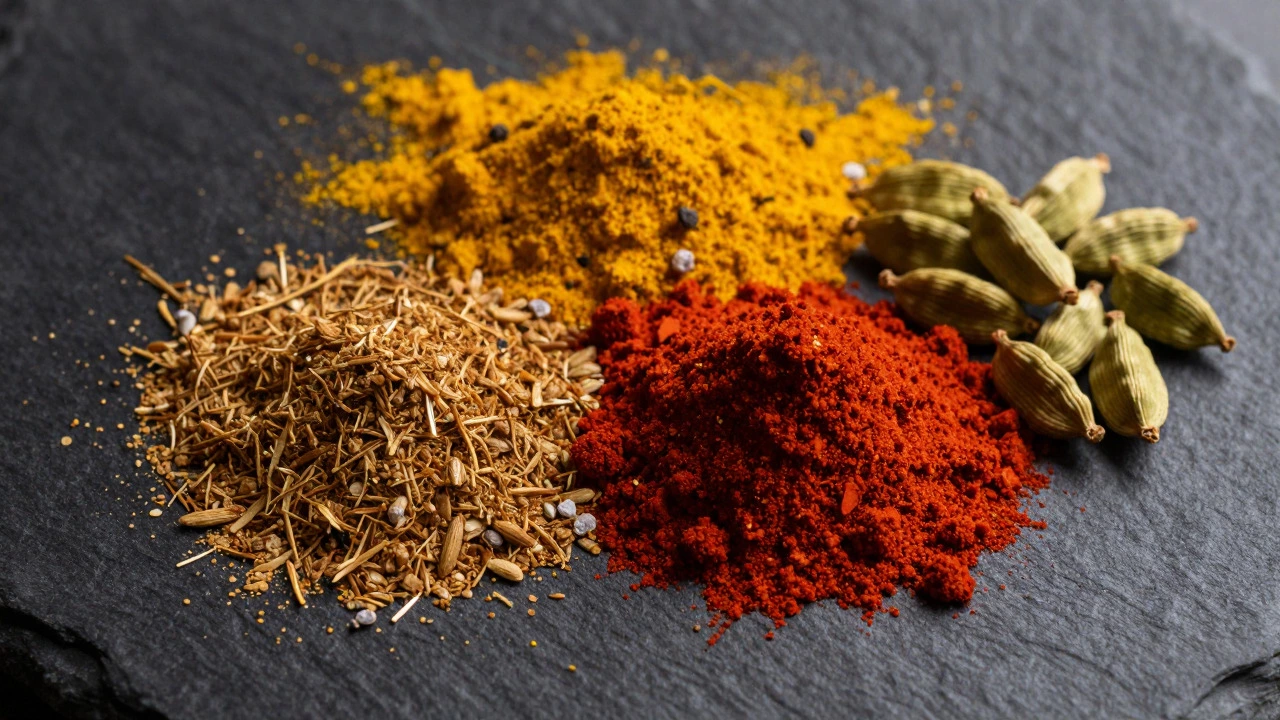 Close-up of red chili, garam masala, and turmeric spices